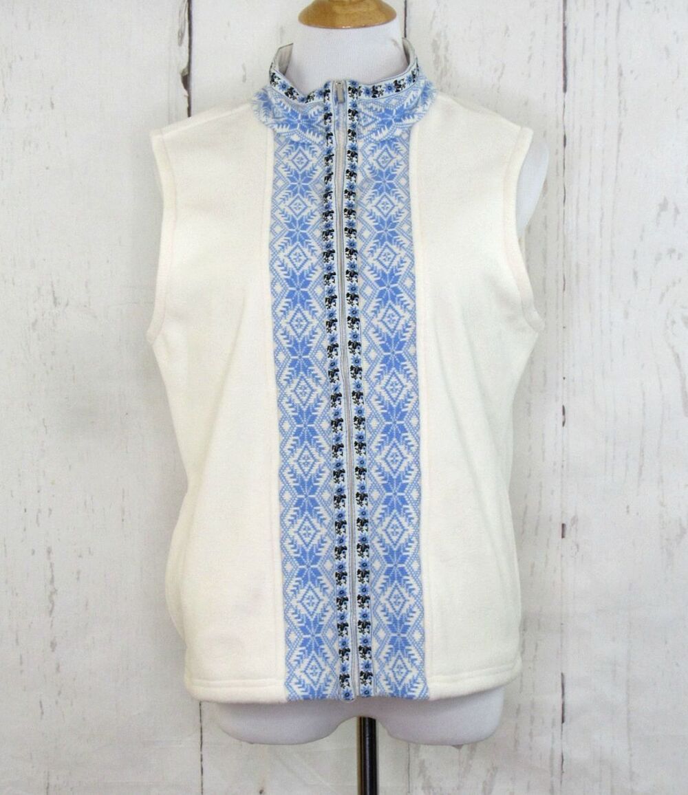 L.L. Bean Women's Ivory Nordic Fleece Vest Size L Full Zip Blue Fair Isle Trim